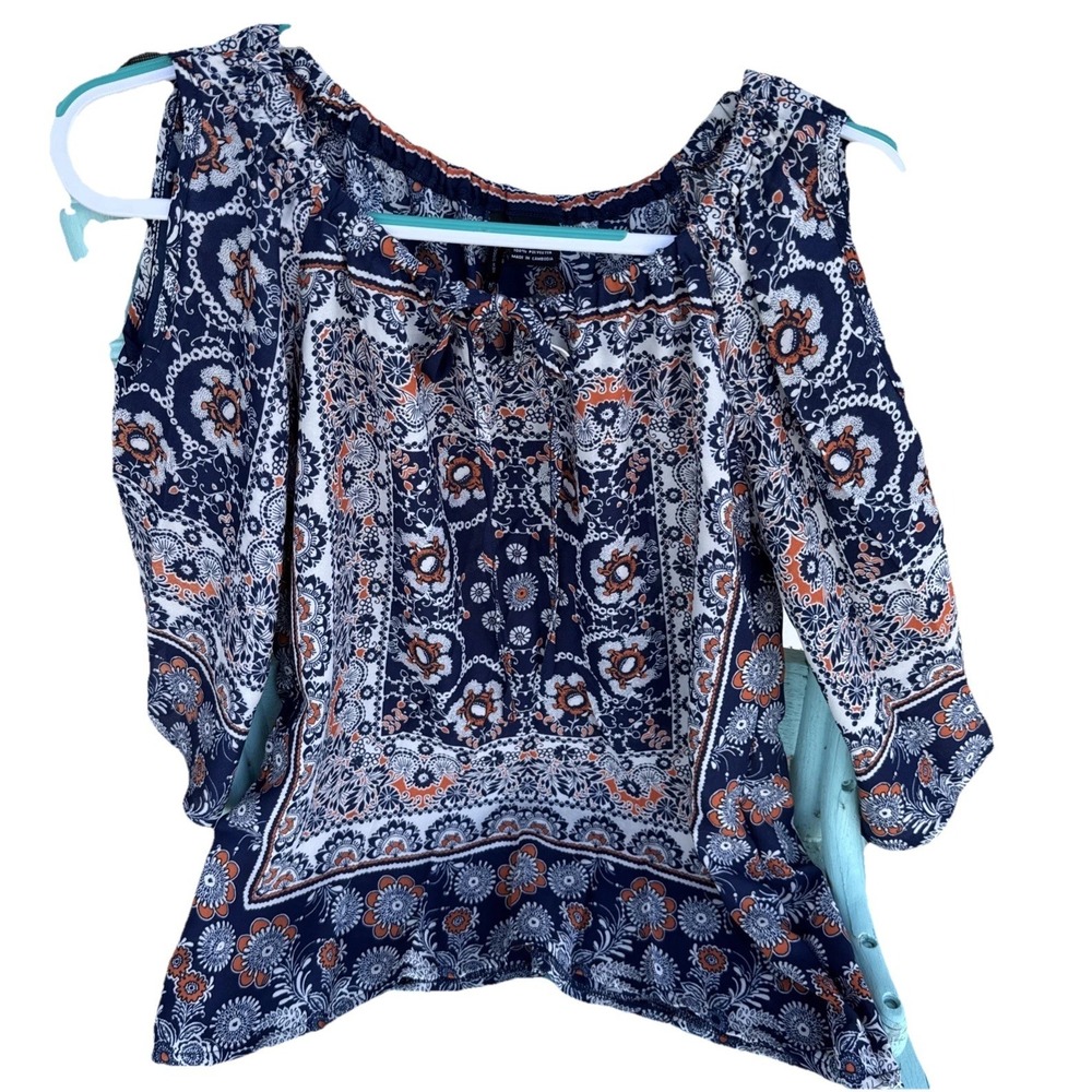 New Directions Petite Small Floral Print Top Bell Sleeve Blue Orange Blouse boho